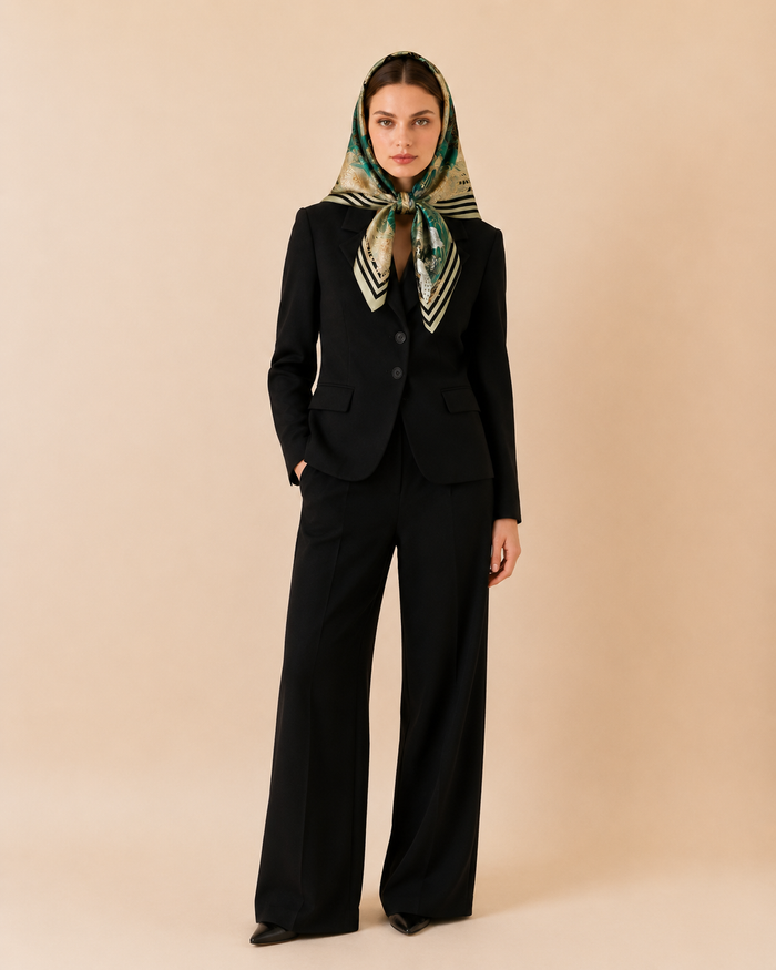 Elegant square silk scarf in mint green and ivory
