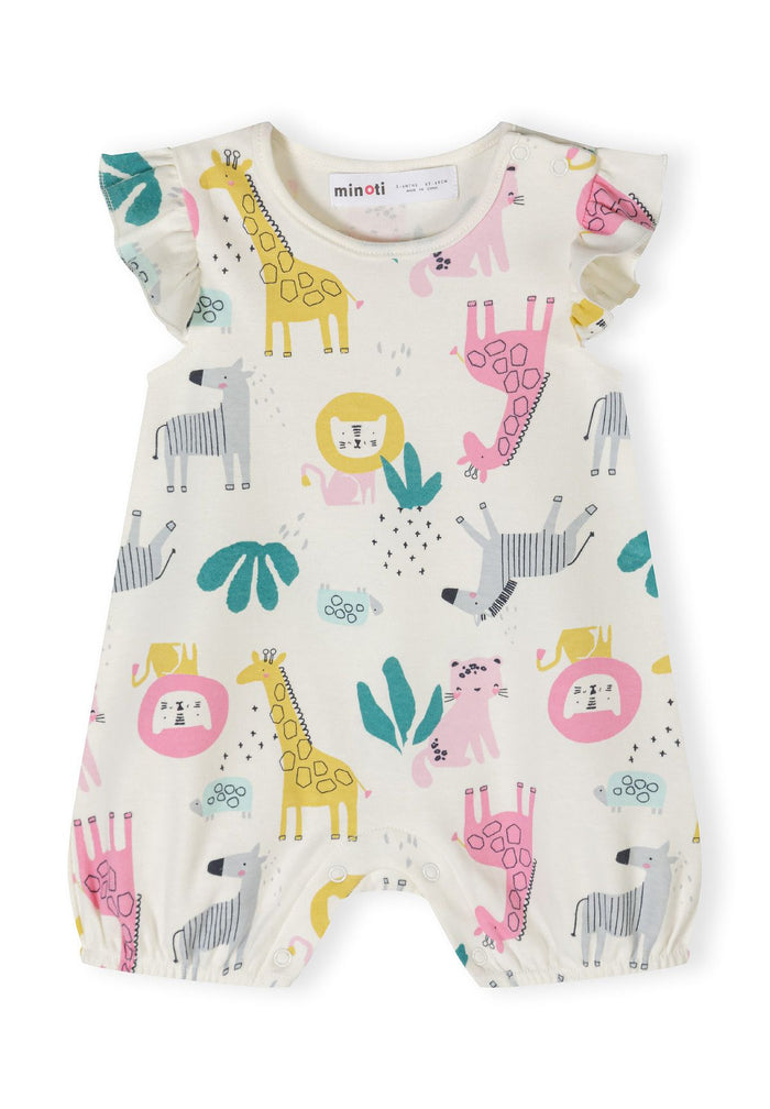 Girls romper with frill sleeves in colorful animal print, front view.