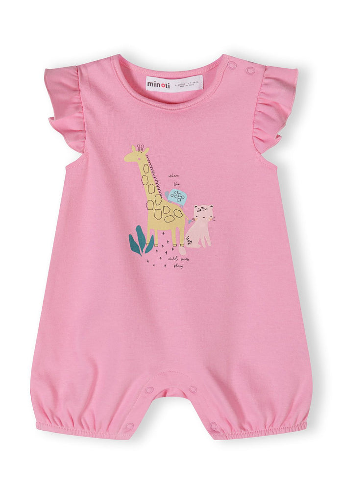 Girls romper in pink with frill sleeves and animal print, front view.