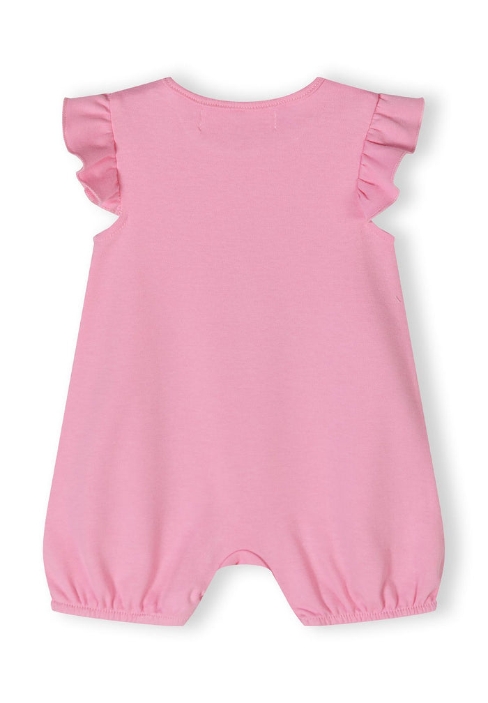 Back view of a pink girls romper with frill sleeves and elasticated hems.