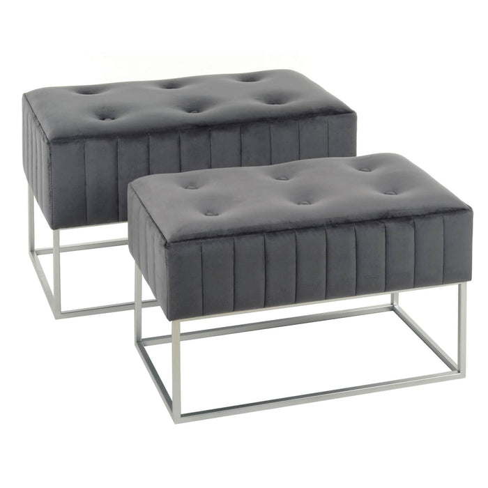 Set Of 2 Nesting Stools Velvet Padded Seats Silver Metal Legs