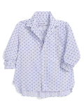 White shirt with blue pattern on a black background