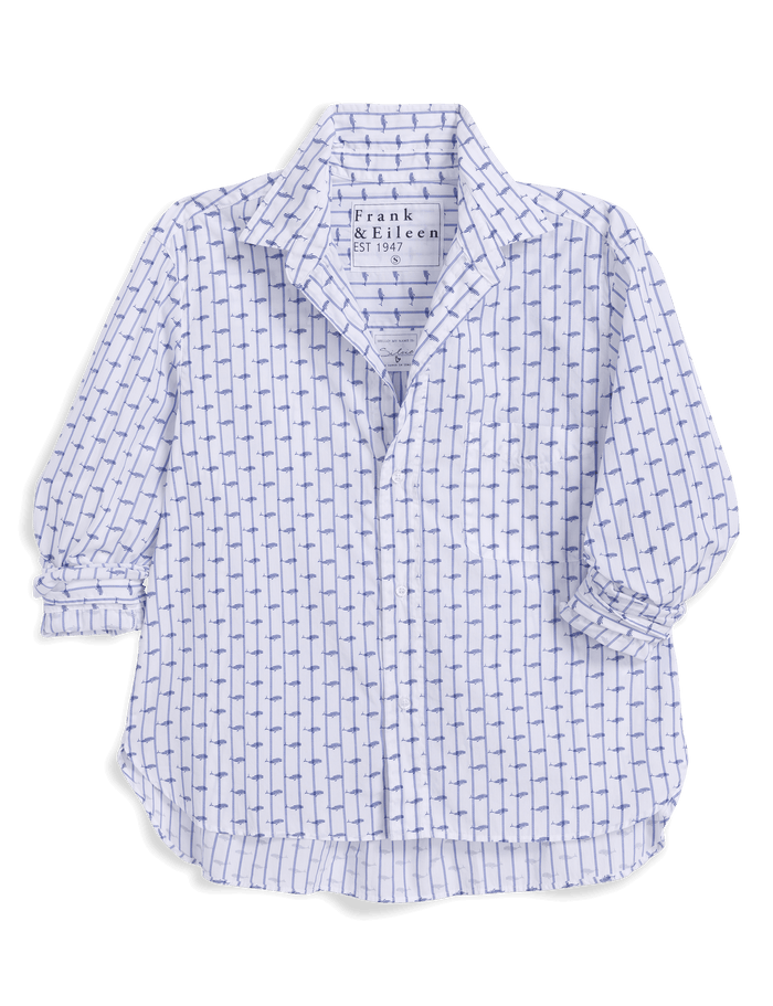 White shirt with blue pattern on a black background