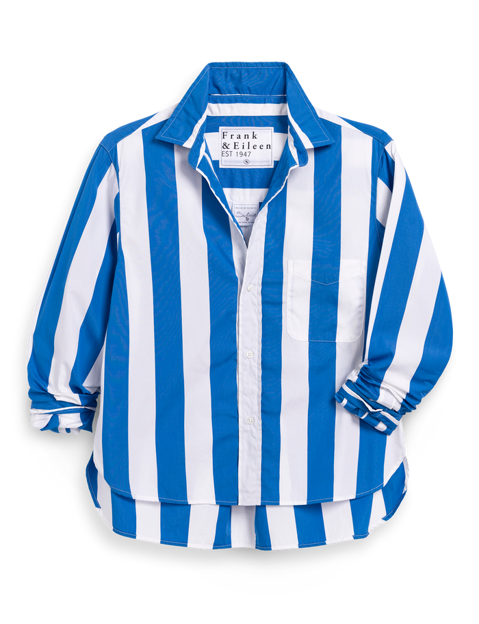 Blue and white striped shirt with 'Frank & Eileen' label on a white background