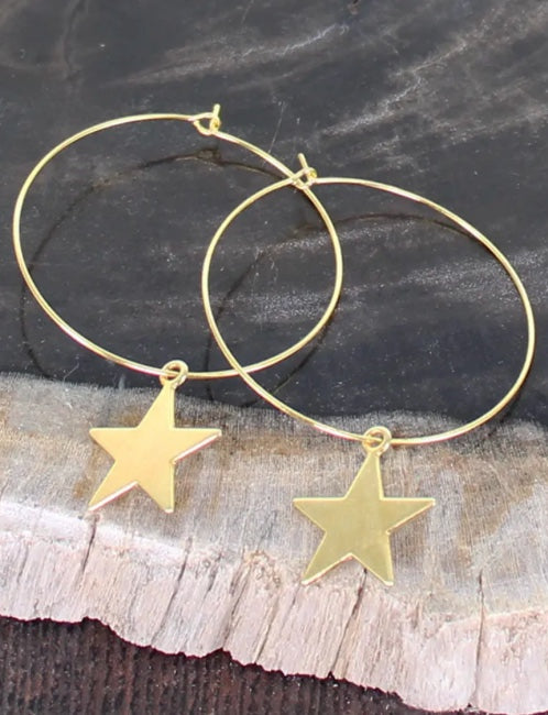Simple Hoop Earrings with Star Charm - Gold Plated