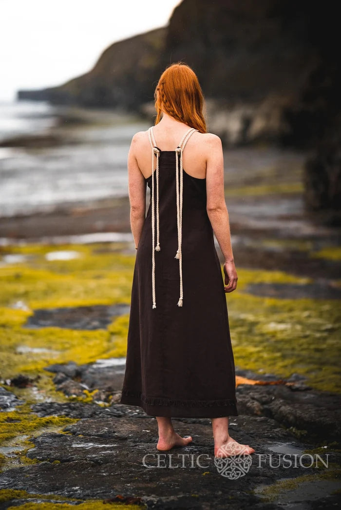 Back detail of Sleeveless Brown Celtic Dress showing rope tie back, sleeveless cut and long earthy silhouette