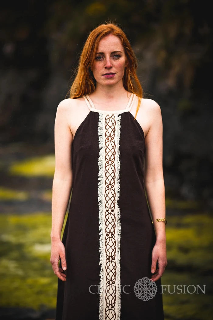 Brown boho maxi dress with rope tie back and Celtic knotwork embroidery shown in a front portrait view