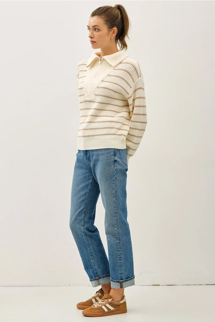 Spread Collar Half Zip Striped Sweater - Adored A Lovely Boutique