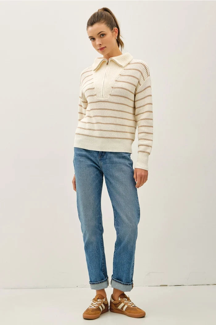 Spread Collar Half Zip Striped Sweater - Adored A Lovely Boutique