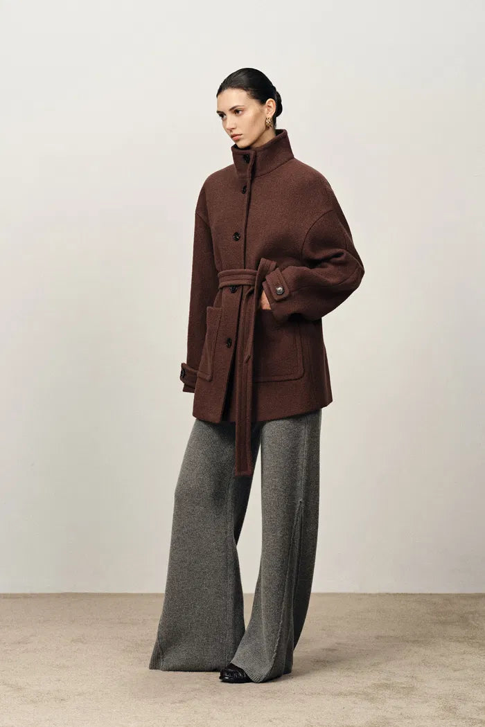 Stand Collar Tie Short Coat in Cashmere