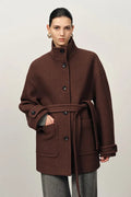 Stand Collar Tie Short Coat in Cashmere