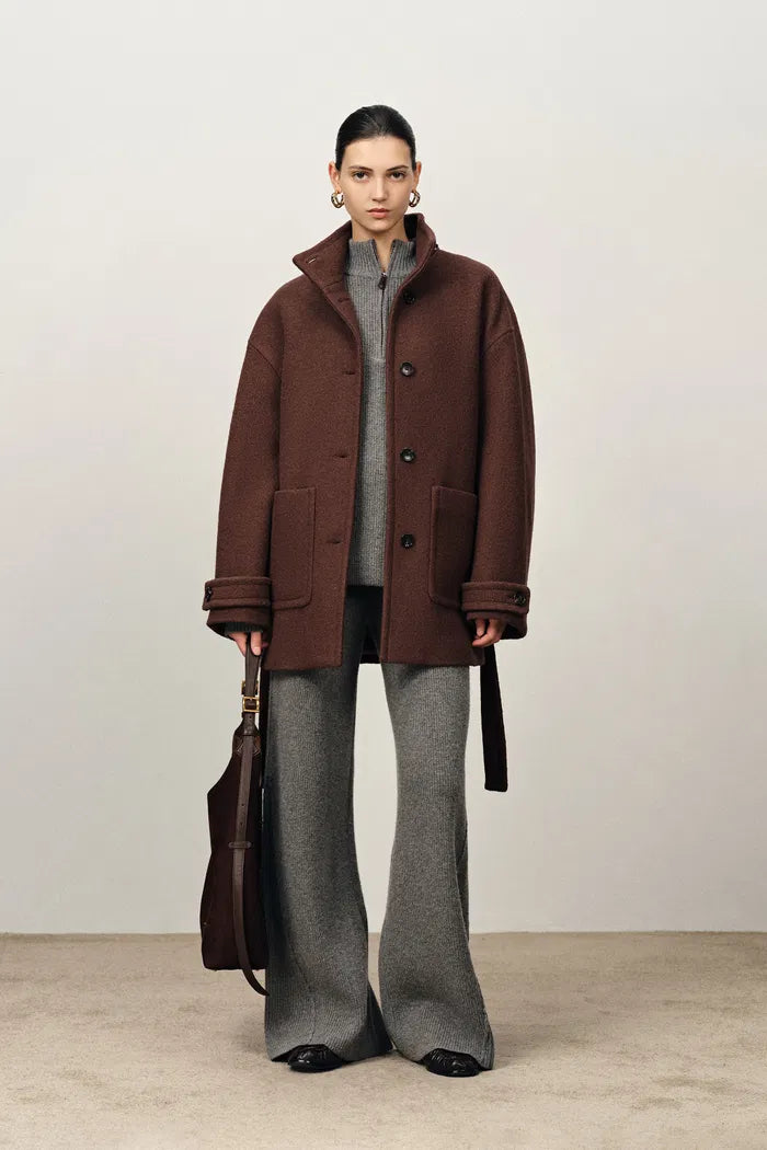 Stand Collar Tie Short Coat in Cashmere