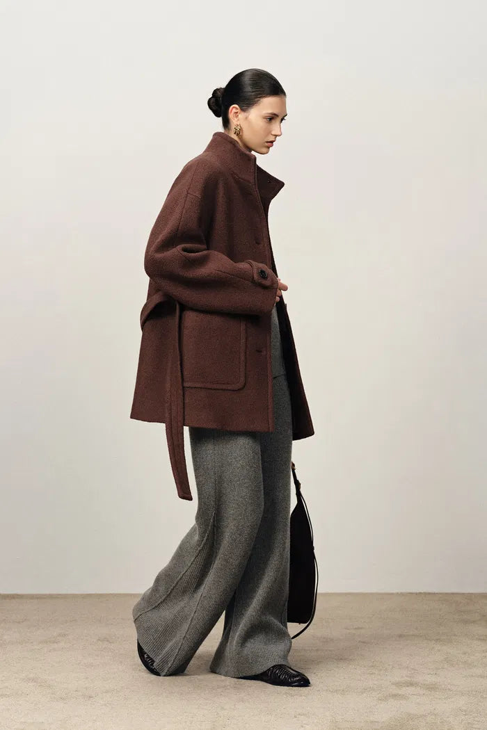 Stand Collar Tie Short Coat in Cashmere