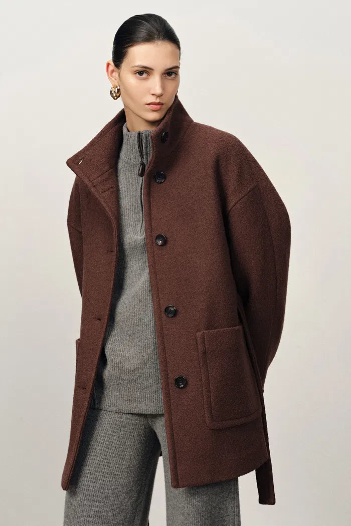 Stand Collar Tie Short Coat in Cashmere