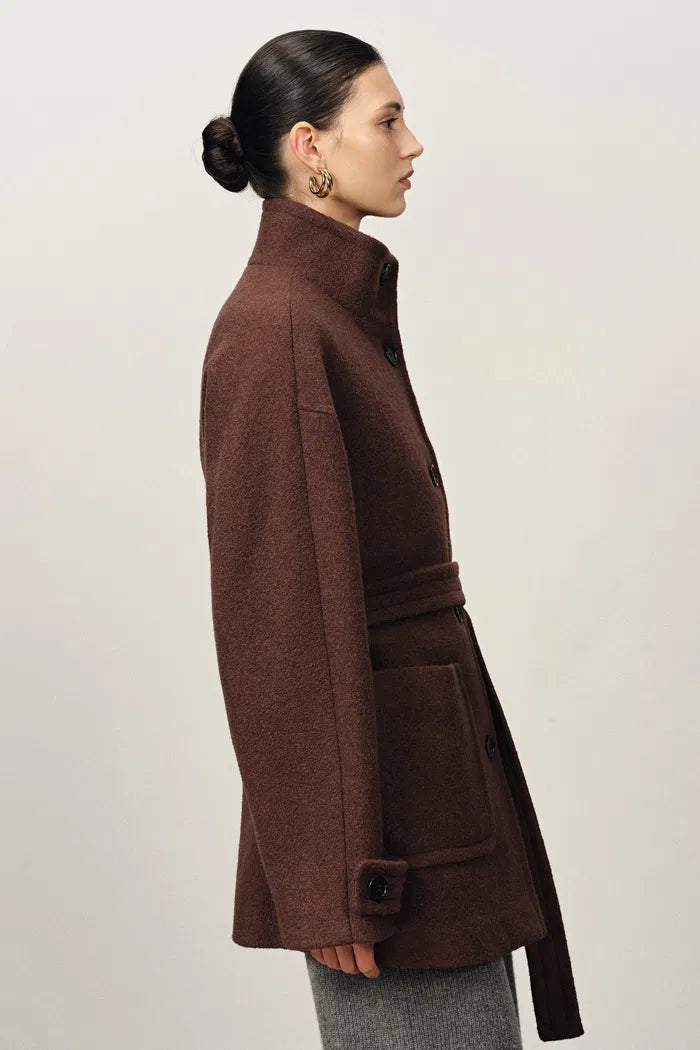 Stand Collar Tie Short Coat in Cashmere