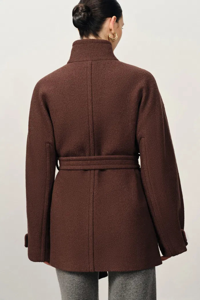 Stand Collar Tie Short Coat in Cashmere