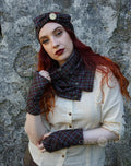 Celtic tartan tweed headband and matching collar scarf set with harp pin detail and button neck closure
