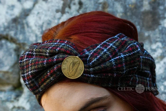 Close-up of tartan tweed headband with harp detail and adjustable drawstring fit designed by Celtic Fusion