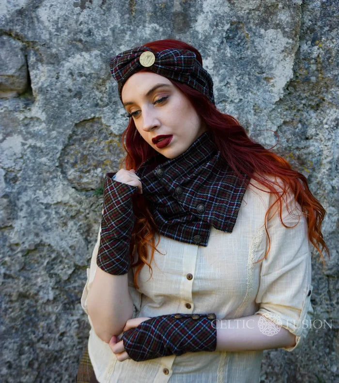 Women’s tartan tweed accessory set with matching headband, collar scarf and fingerless glove styling