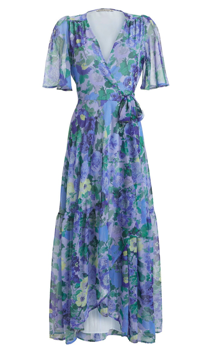 THE NORA FLUTTER SLEEVE MAXI WRAP DRESS (BLUE) CURVE