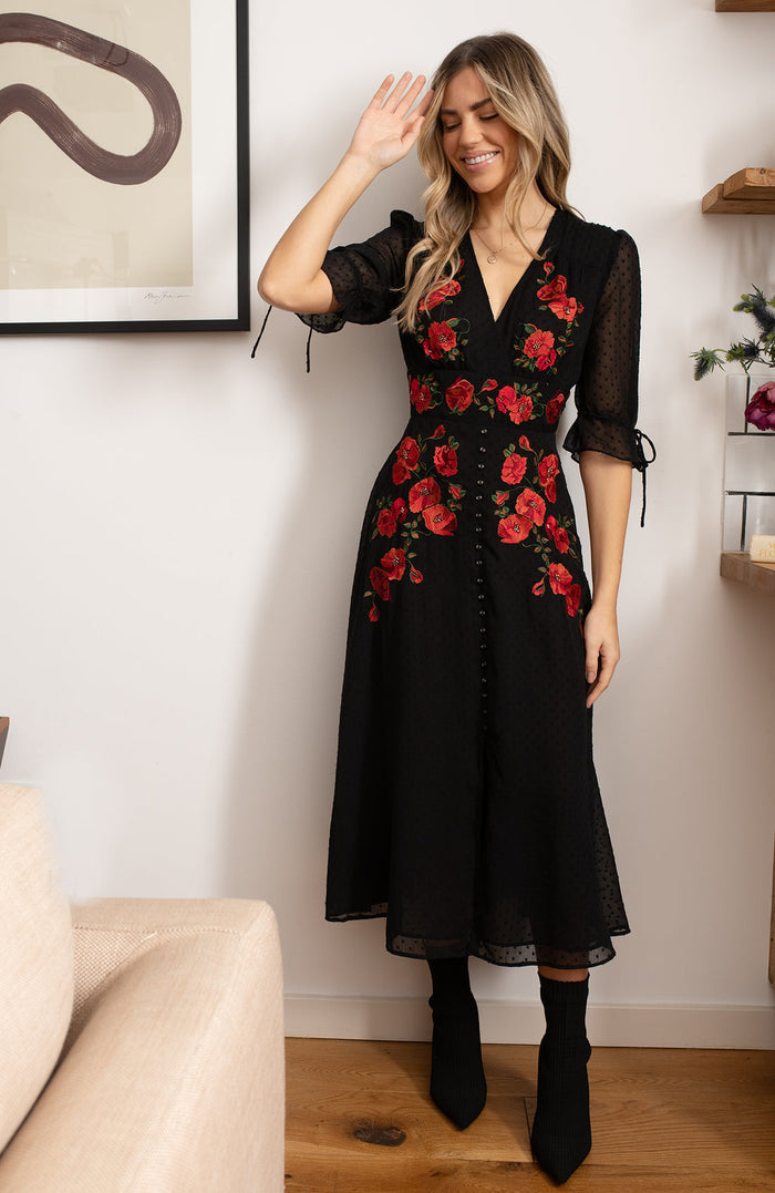 The Viola Dobby Mesh Embroidered Midi Dress With Tie Sleeves Curve