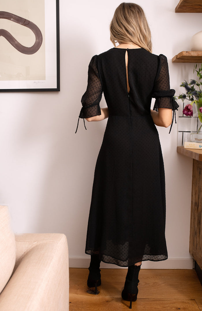 The Viola Dobby Mesh Embroidered Midi Dress With Tie Sleeves Curve