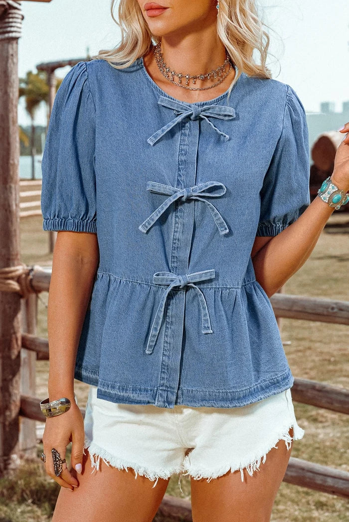 Tied Front Bubble Sleeve Peplum Denim Shirt