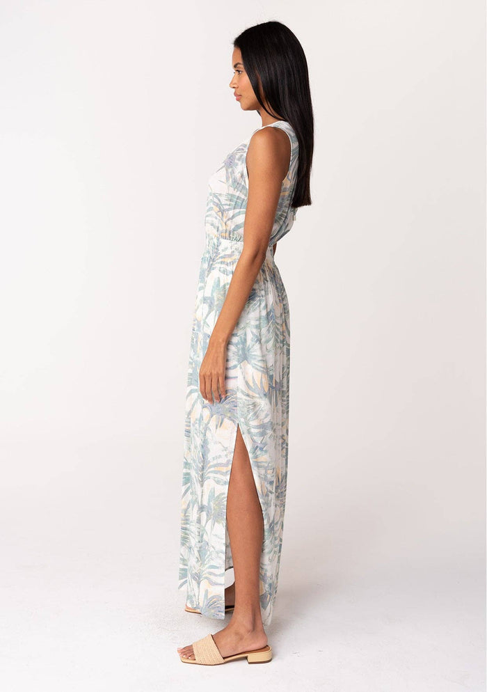 Tropical Sleeveless Tie Back V Neck Maxi Dress