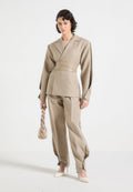 Twist Sleeve Leather Blazer with Belt-1