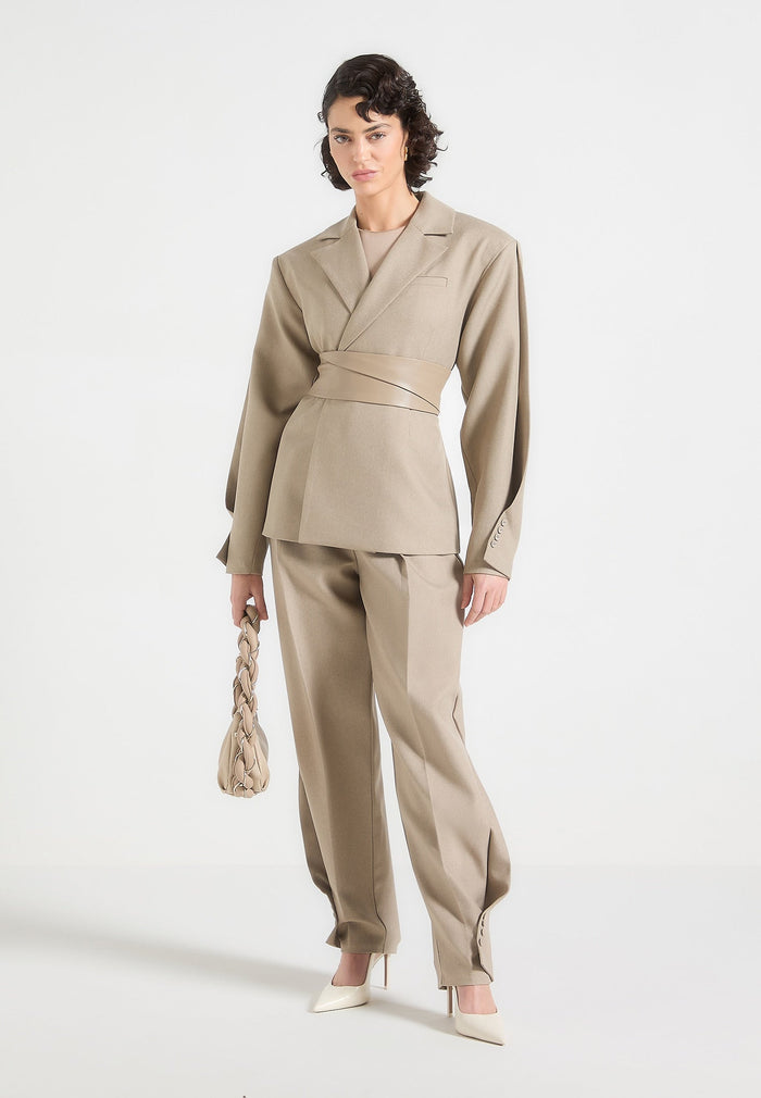 Twist Sleeve Leather Blazer with Belt-1