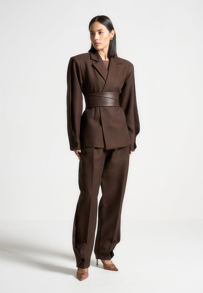 Twist Sleeve Leather Blazer with Belt-1