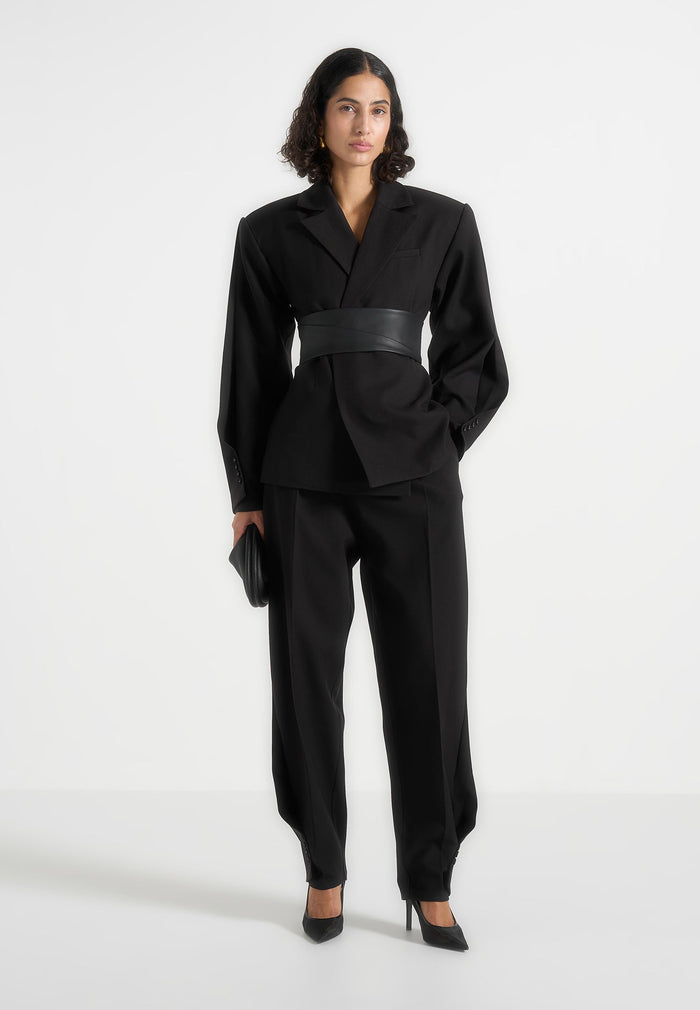 Twist Sleeve Leather Blazer with Belt-1