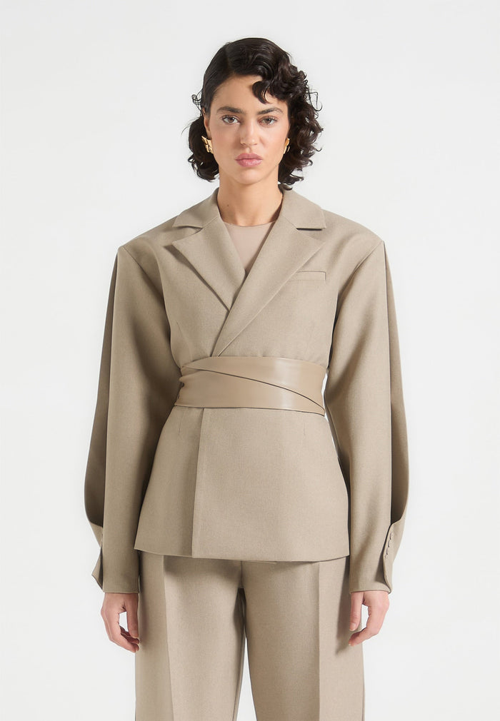Twist Sleeve Leather Blazer with Belt-1