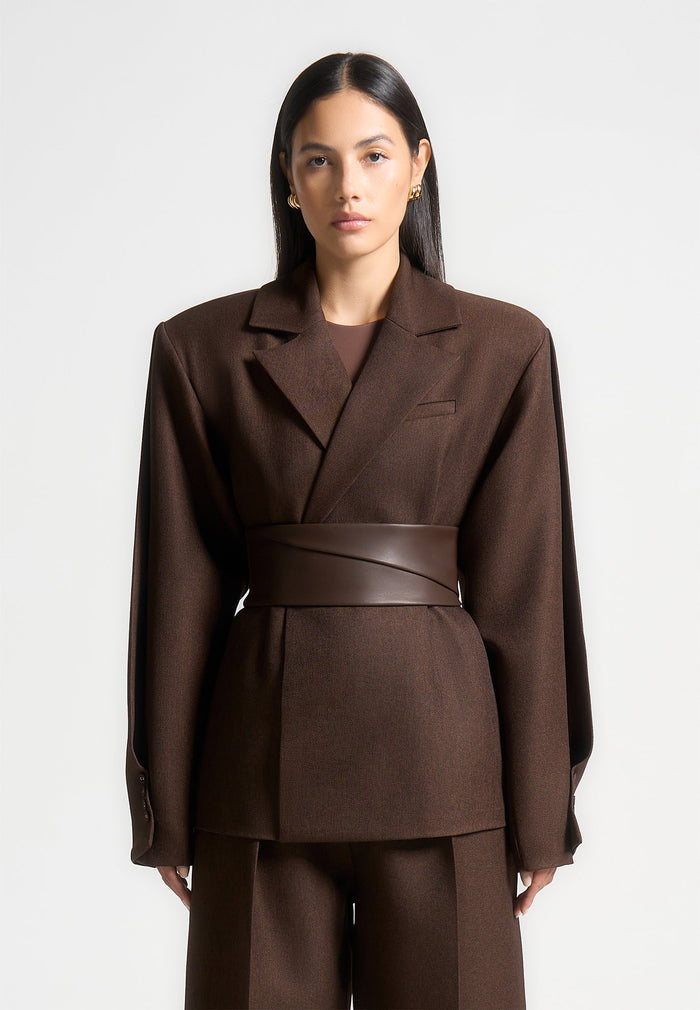 Twist Sleeve Leather Blazer with Belt-1