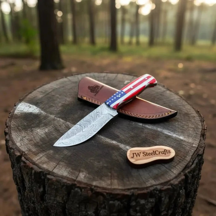 USA Handle Outdoor Knife – Handcrafted Damascus Steel Blade | Leather Sheath | JW SteelCrafts