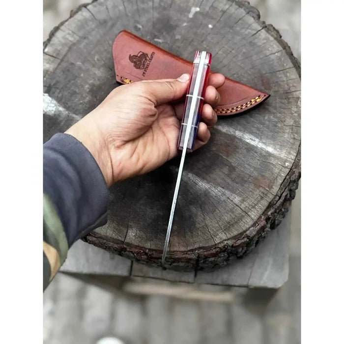 USA Handle Outdoor Knife – Handcrafted Damascus Steel Blade | Leather Sheath | JW SteelCrafts