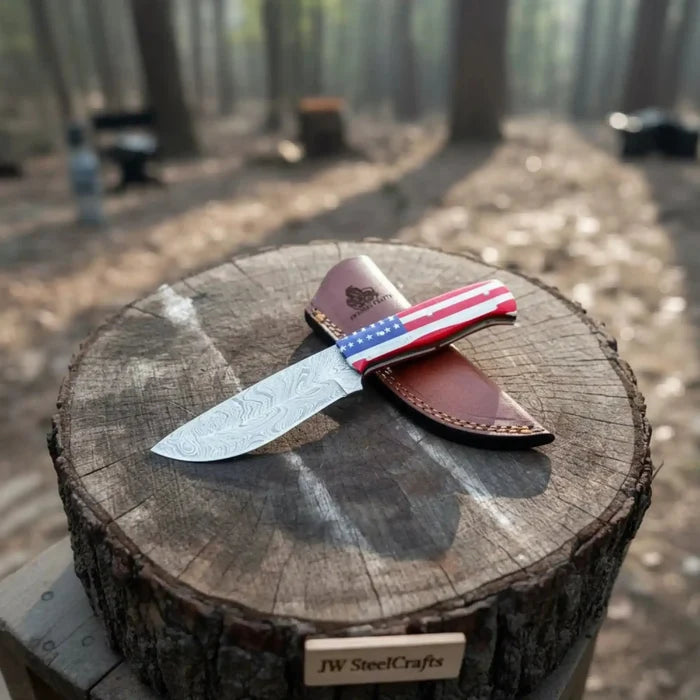 USA Handle Outdoor Knife – Handcrafted Damascus Steel Blade | Leather Sheath | JW SteelCrafts