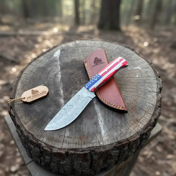 USA Handle Outdoor Knife – Handcrafted Damascus Steel Blade | Leather Sheath | JW SteelCrafts