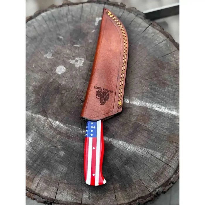 USA Handle Outdoor Knife – Handcrafted Damascus Steel Blade | Leather Sheath | JW SteelCrafts