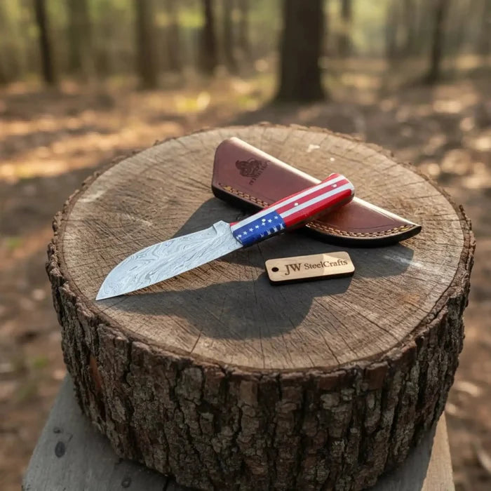 USA Handle Outdoor Knife – Handcrafted Damascus Steel Blade | Leather Sheath | JW SteelCrafts