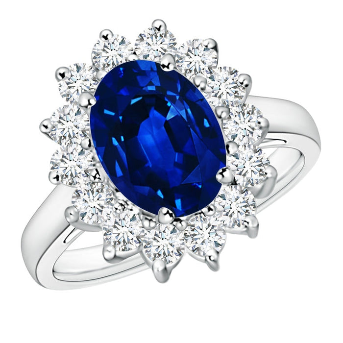 VossAgin - Princess Diana Inspired 3.00CTW AGI Certified G/VS Lab-Grown Sapphire and Diamond Halo Ring in 14K White Gold - 8.5