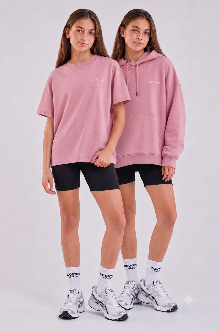 VXN Girls Cycling Shorts, Hoodie & T-Shirt Set - Dusty Pink