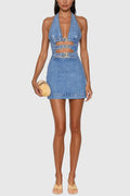 Wace Halter Neck Cutout Buckle Denim Mini Dress