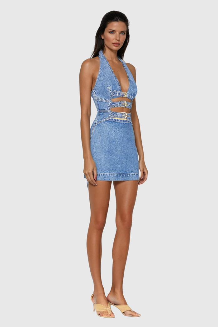 Wace Halter Neck Cutout Buckle Denim Mini Dress