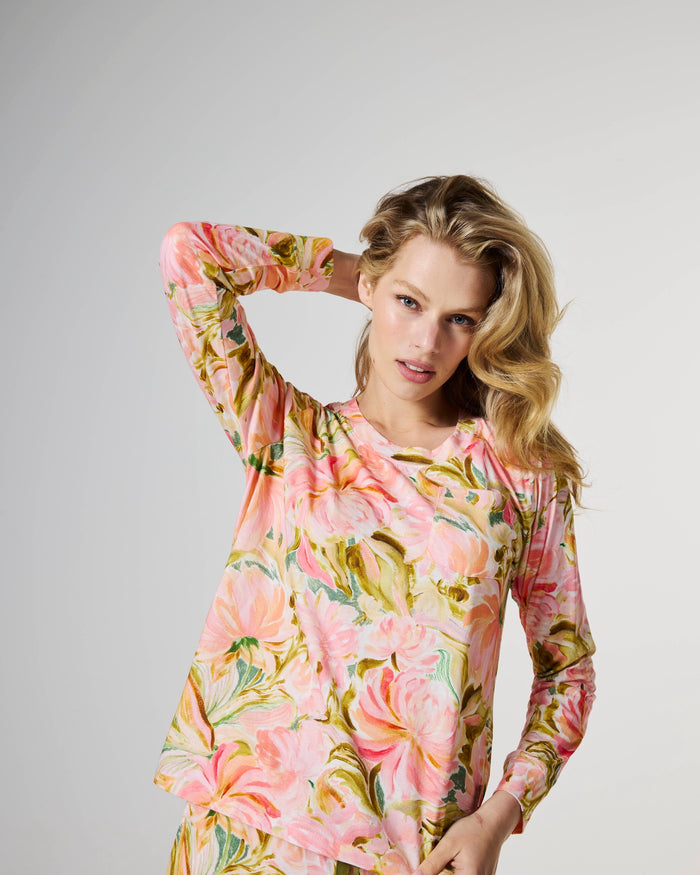 Warm Floral Breeze Adult Organic Cotton Long Sleeve Pyjama Top & Slouch Pant Set