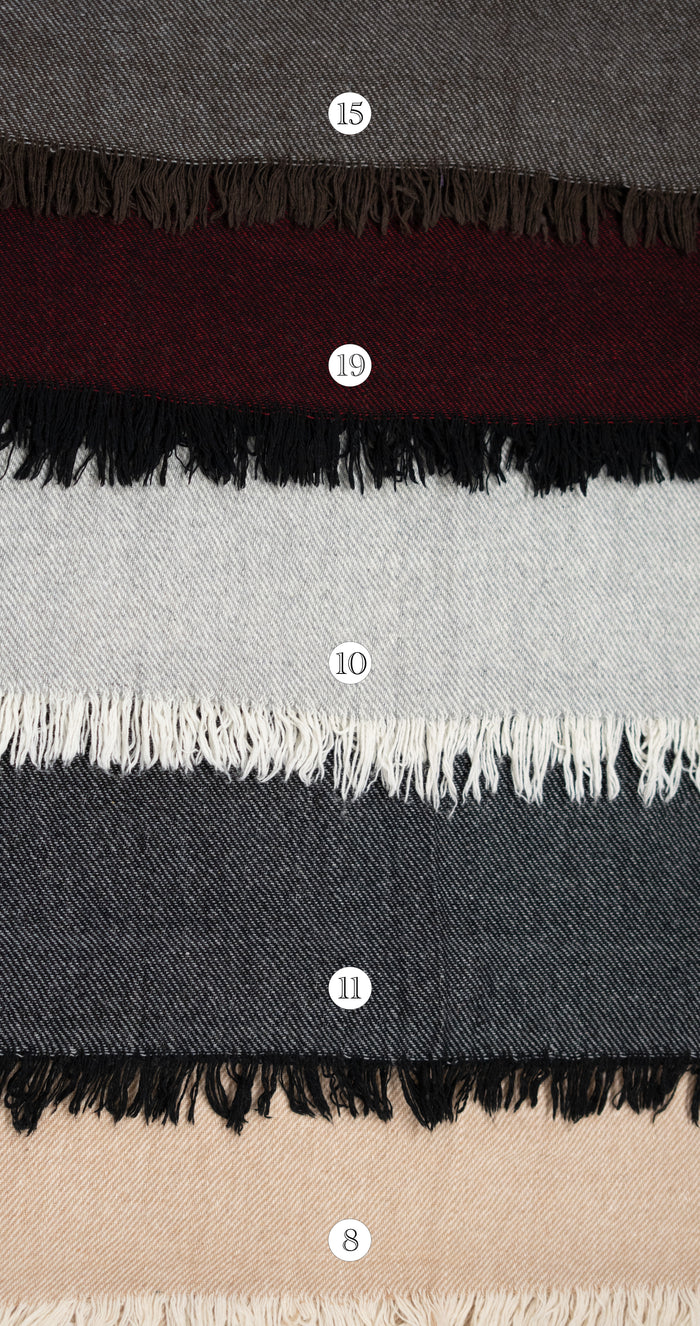 Available colour options for handwoven shawl in woven natural-look fabric wool blend by Celtic Fusion