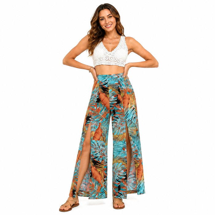 Women's printed wide leg pants with tropical leaf print styled for summer vacation outfits