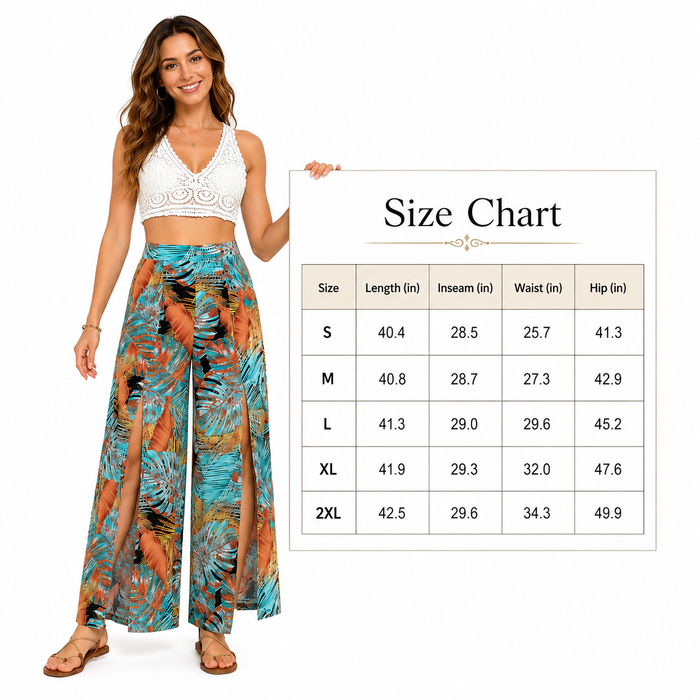 Women's tropical printed wide leg pants size chart S to 2XL with split-leg styling