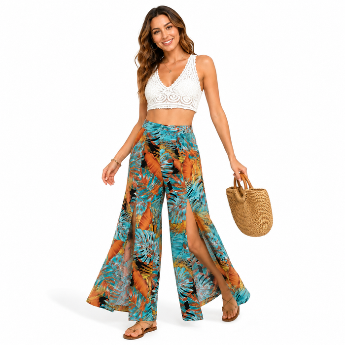 Women's tropical printed wide leg pants with front splits styled for a vacation outfit