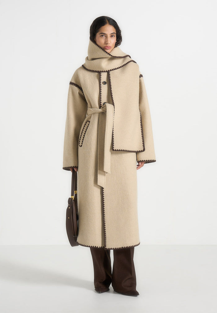 Wool Blanket Stitch Belted Longline Coat